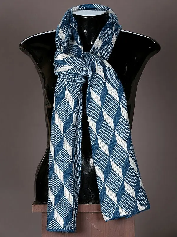 Blue and White Woollen Scarf from Nepal with All Over Cube Knitted Pattern