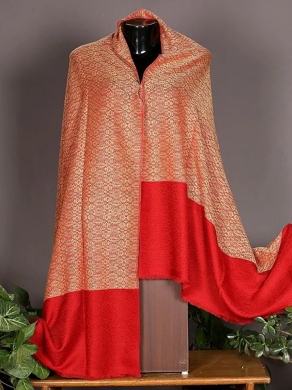 Peach-Red Pure Jacquard Pashmina Shawl from Nepal