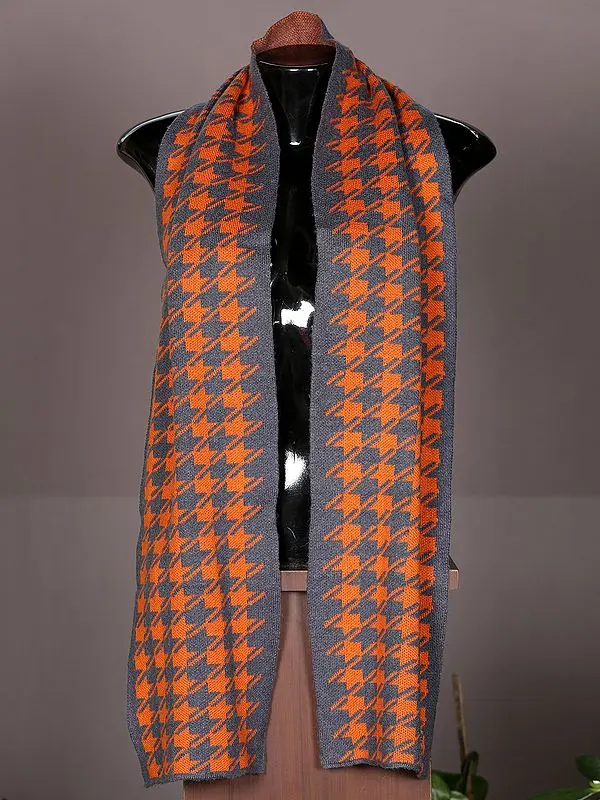 Gray-Orange Woolen Scarf from Nepal with Herringbone Weave Pattern