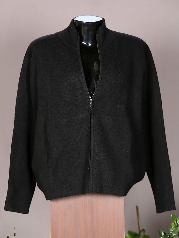 Jet-Black Plain Pashmina Front Zipper Jacket from Nepal with Pockets