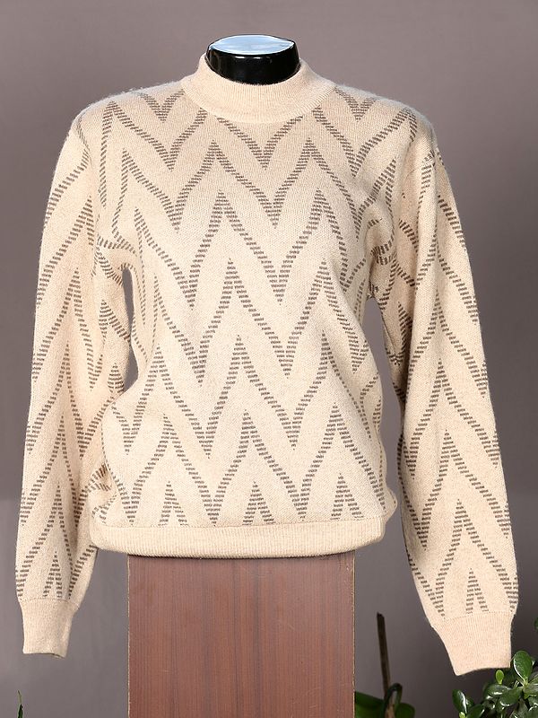 Beige Chevron High-Neck Full Sleeves Pashmina Unisex Sweater