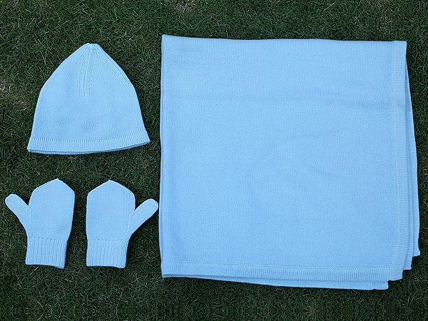 Sky-Blue Pashmina Blanket Set From Nepal With Cap And Gloves