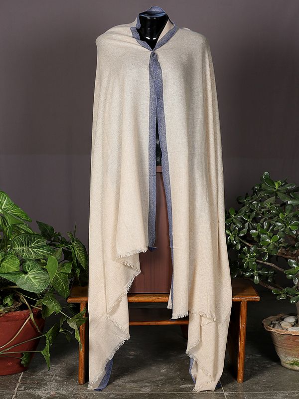 Ivory Pashmina Men's Shawl From Nepal With Gray Border Exotic India Art
