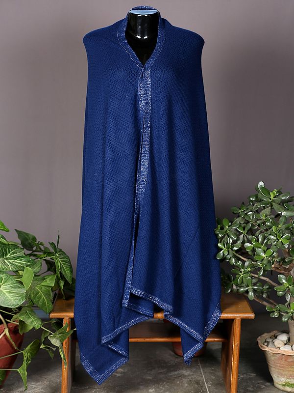 Royal-Blue Knitted Pashmina Stole from Nepal with Wire Border