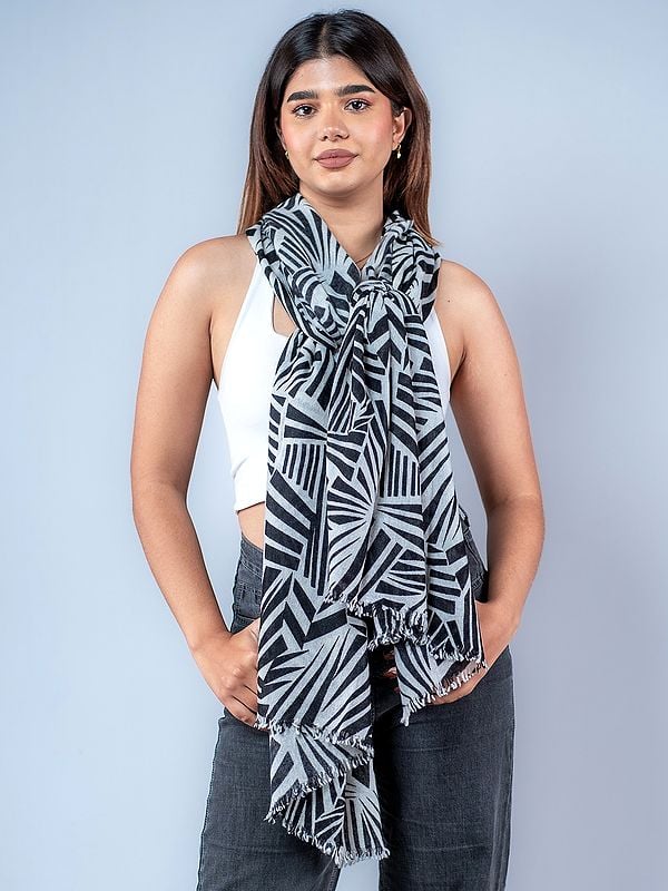 Black and White Pashmina Stole with Abstract Printed Lines from Nepal