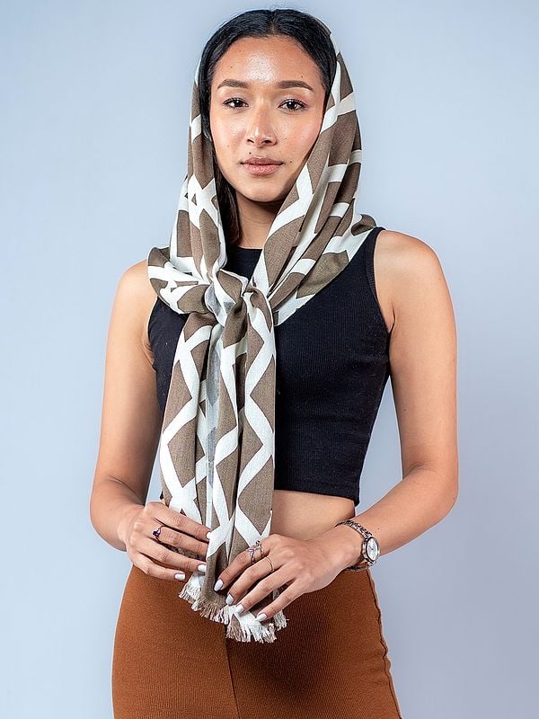 Brown and White Diagonal Printed Check Pashmina Scarf from Nepal