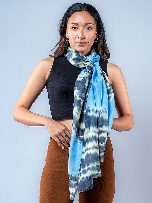 Blue and Gray Tie-Dye Print Pashmina Stole from Nepal