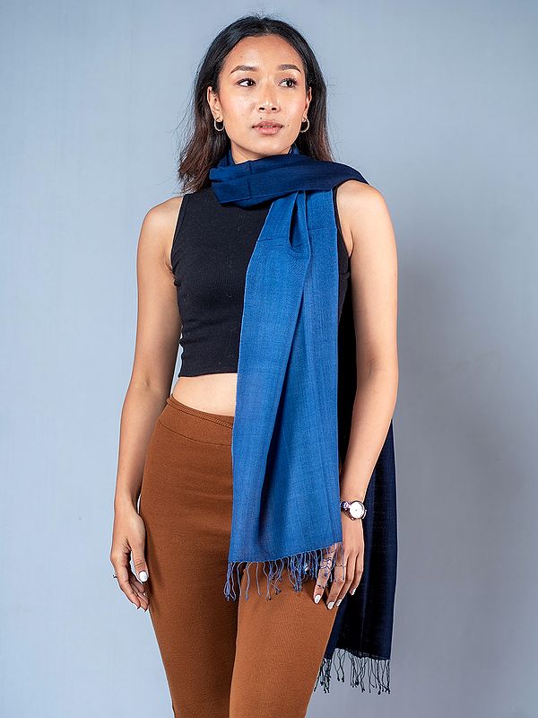 Blue Ombre Pashmina Silk Stole from Nepal with Fringe