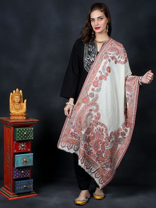Cannoli-Cream Kani Jamawar Stole from Amritsar with Intricate Paisley Floral Motif