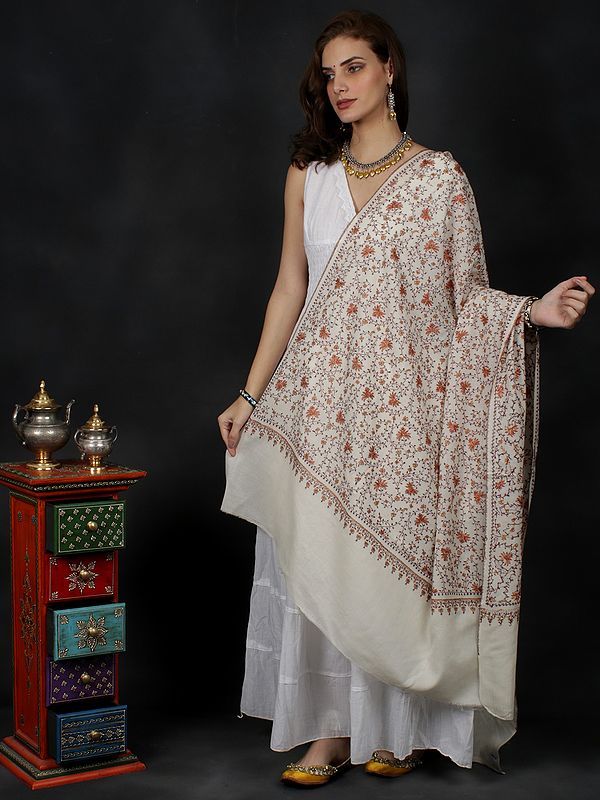 Sea-Salt Sozni Shawl With All-Over Hand-Embroidered Floral Vine Pattern