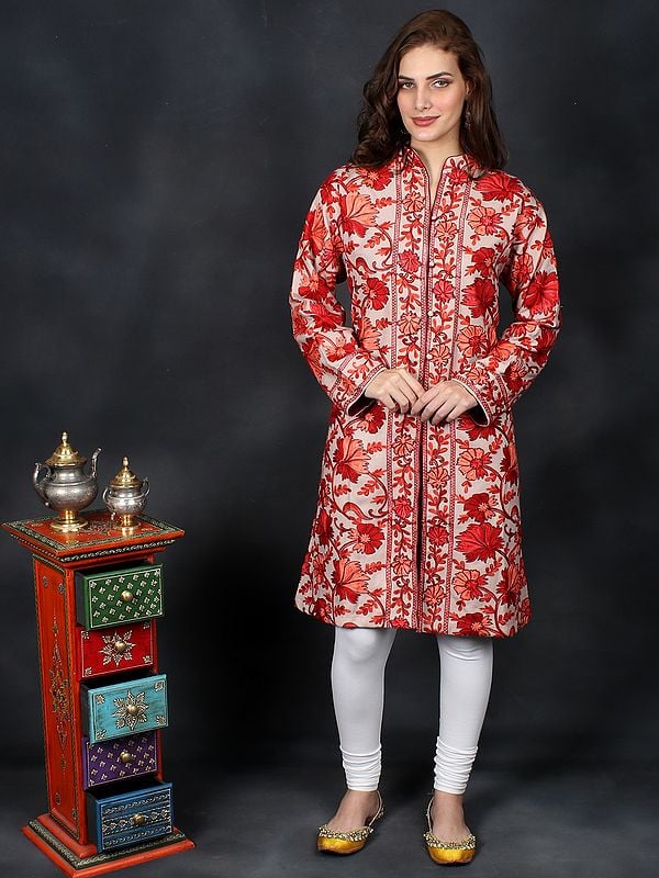 Light-Taupe All-Over Aari-Embroidered Floral Wool Long Jacket from Kashmir