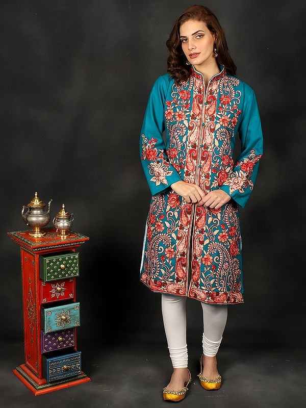 Deep-Peacock All-Over Aari-Embroidered Floral-Paisley Motif Wool Long Jacket from Kashmir