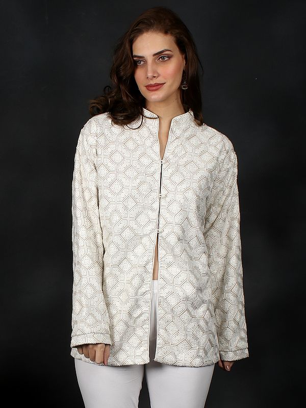 Afterglow Pure-Wool Short Mandarin Aari Jacket From Kashmir With Hand-Embroidered Floral Pentagon Pattern