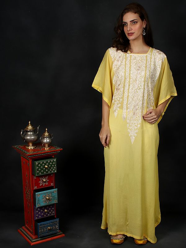 Lemon-Yellow Long Kashmiri Crepe Kaftan With Floral Aari Hand Embroidery