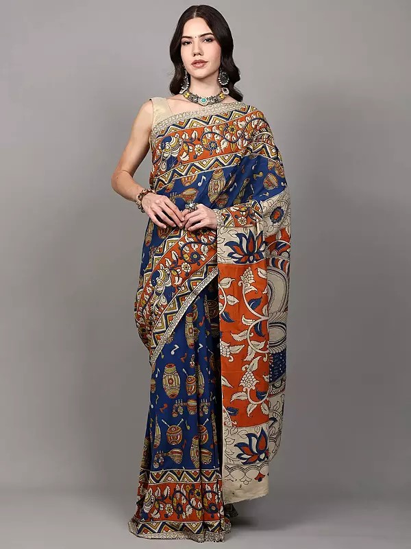 Pure Cotton Hand-Painted Kalamkari Saree with Indian Musical Instruments Print and Floral-Peacock Motif