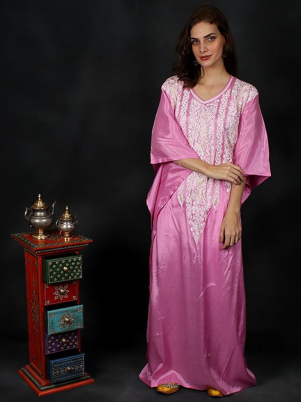 Rose-Pink Long Kashmiri Art Silk Kaftan With Floral Aari Hand Embroidery And V-neck Pattern