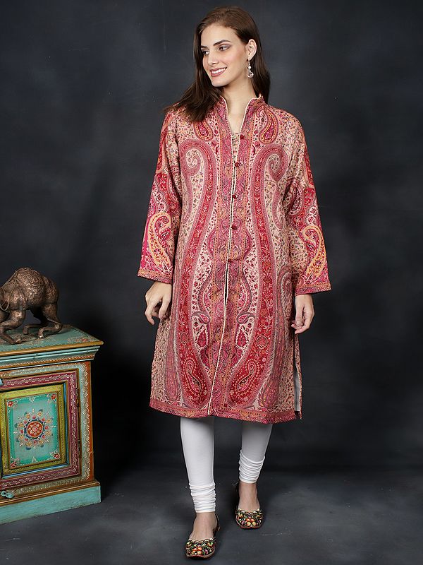 Fuschia Woolen Jamawar Woven Floral-Paisley Motif Long Jacket from Kashmir