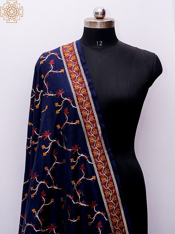 Navy-Blue Banarasi Semi Silk Tilfi Weaving Dupatta with Flower Motif