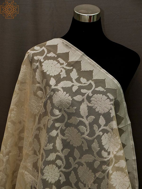 Ivory Cream Banarasi Cotton Silk Dupatta With All-Over Flower Motif