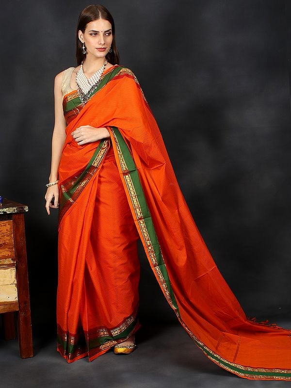 Vibrant-Orange Handloom Pavani Venkatagiri Art Silk Sari From Chennai with Woven Contrast Lines and Tassels