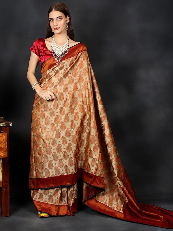 Flaxen-Gold Handloom Banarasi Pure Chiffon Saree With Meenakari Paisley Pattern
