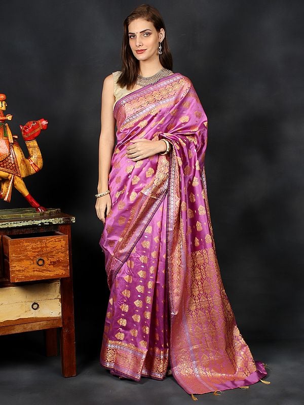 Mauve Handloom Art Silk Sari from Assam with Woven Resham Motif and Tassels
