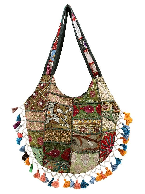 Upcycled Patchwork Embellished Handcrafted Multicolor Floral Shoulder Bag with Beaded Tassels from Jaipur