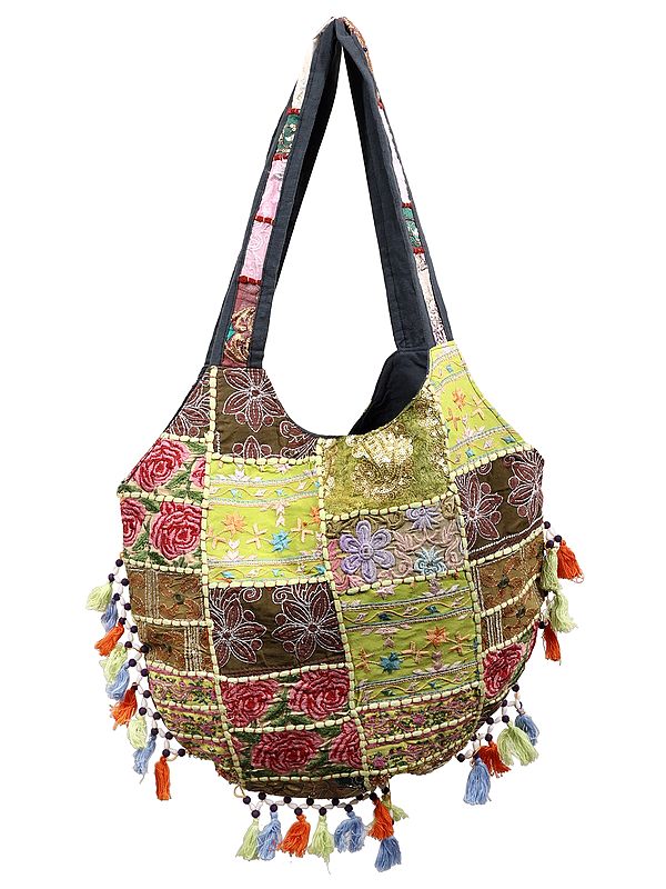 Upcycled Patchwork Embellished Handcrafted Multicolor Floral Shoulder Bag with Beaded Tassels from Jaipur