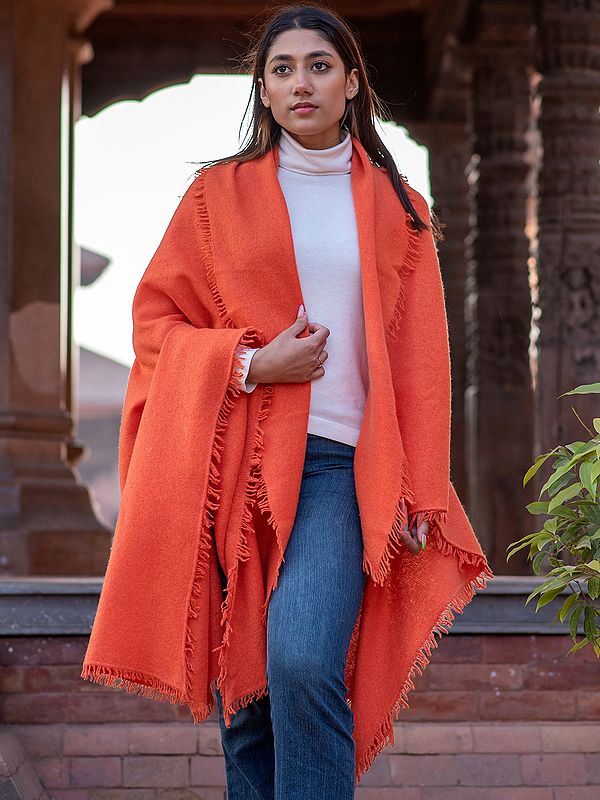 Spice-Orange Plain Pashmina Shawl from Nepal with All Over Fringe