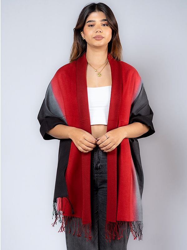 Black and Red Pashmina Silk Ombre Dyed Stole with Fringe from Nepal