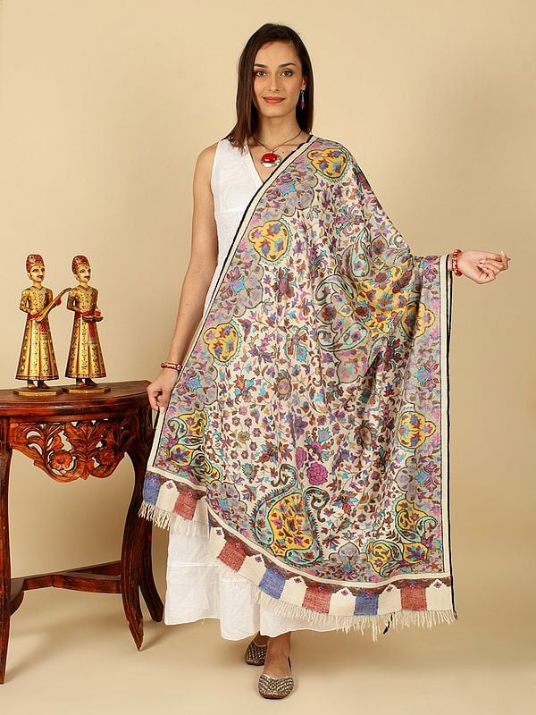 Gardenia Pure Pashmina Handloom Kani Shawl with All-Over Multicolor Floral Creeper and Archaic Pattern on the Border