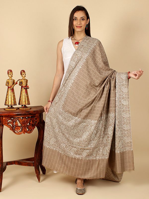 Mahogany-Rose Hand-Embroidered Pure Pashmina Sozni Shawl with Square Motif Weave And Mango Vine