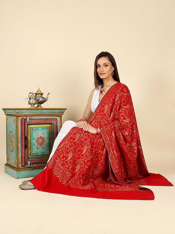 Flame-Scarlet Pure Pashmina Shawl with All-Over Sozni Hand-Embroidered Aamra Lata