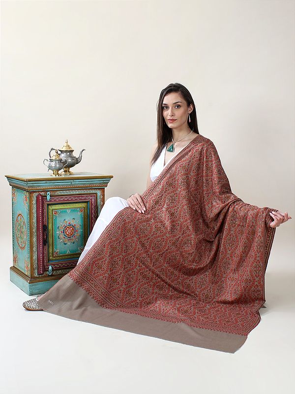 Cameo-Brown Pure Pashmina Hand-Embroidered Sozni Jamawar Shawl with Multicolor Herati Pattern In Recurring Vertical Wave