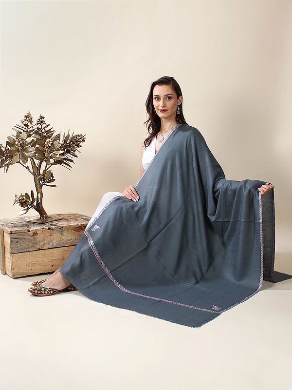 Blue-Fusion Plain Pure Pashmina Shawl with Hand-Embroidered Sozni Silk Thread Border
