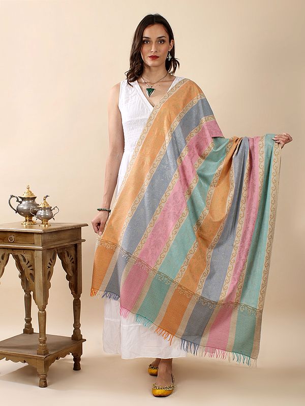 Multicolor Hand-Embroidered Sozni Pure Pashmina Shawl with Paisley Vine in Roman Stripes Pattern