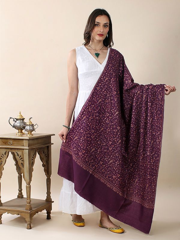 Magenta-Purple Pure Pashmina Sozni Thread Silk Hand-Embroidered All-Over Jaldaar Flower Pattern Bail Shawl