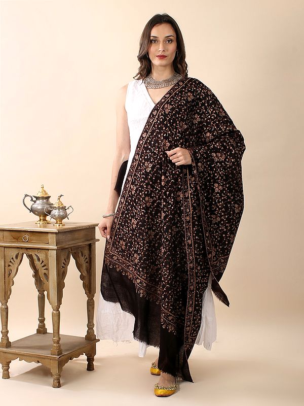 Black-Onyx Sozni Hand-Embroidered Pure Pashmina Shawl with Zaildar Phool-Patti Bail