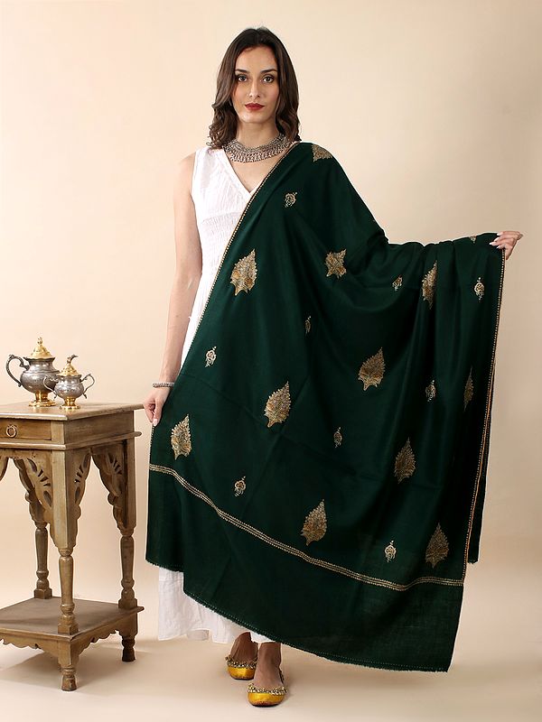 Scarab-Green Pure Pashmina Sozni Silk Hand-Embroidered Mughal Motif Zaildar Shawl