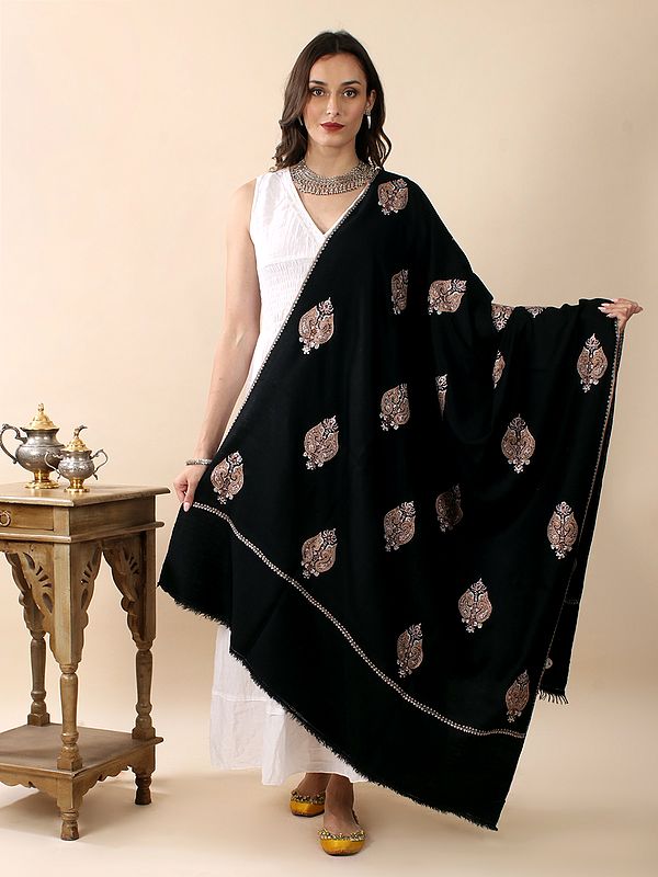Black-Beauty Sozni Hand-Embroidered Pure Pashmina Kalka Mughal Butta Shawl