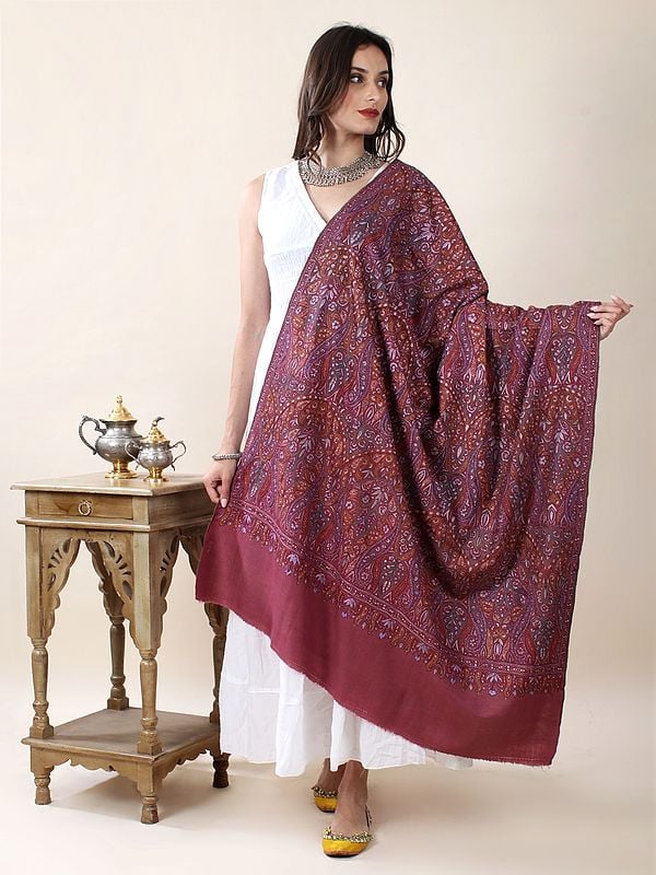 Garnet-Rose Pure Pashmina Shawl with Multicolor Chinoserie Silk Thread Hand-Embroidered Sozni Jaaldaar Paisley-Floral Pattern