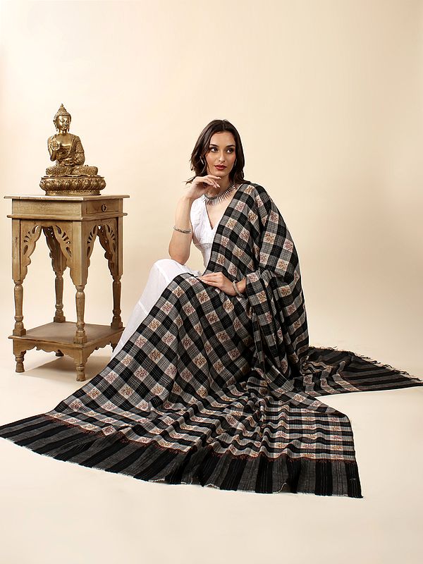 Duo Color Dupplin Check Weave Pure Pashmina Shawl with Hand-Embroidered Sozni Jaaldaar Floral Pattern
