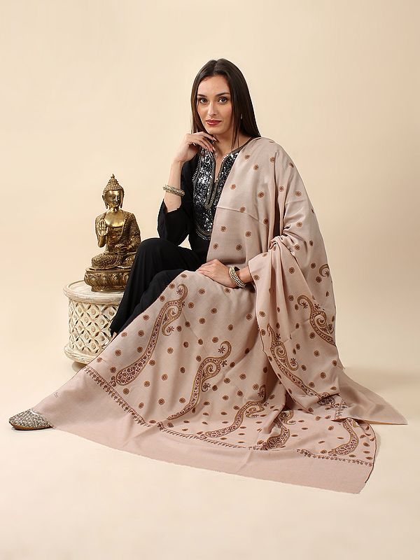 Tapioca Pure Pashmina Shawl with Hand-Embroidered Sozni Jaaldaar Bold Paisley Pattern on Border and Floral Butta All-Ove