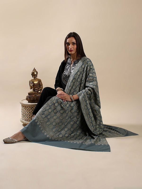 Goblin-Blue Pure Pashmina Hand-Embroidered Jaaldaar Sozni Shawl with Arabesque String Pattern