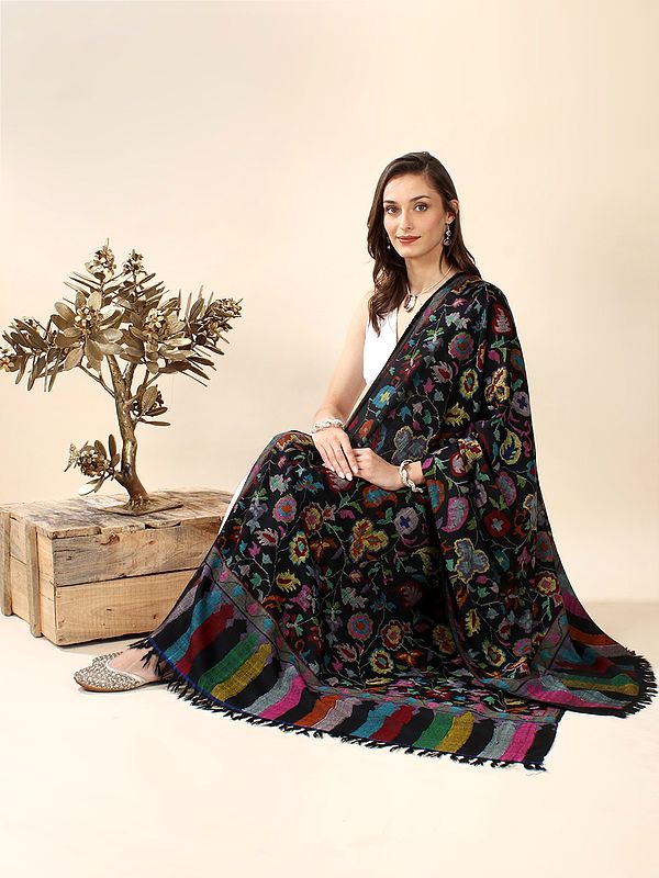 Moonless-Night Kani Pure Pashmina Shawl with Jacobean Multicolor Floral Motif