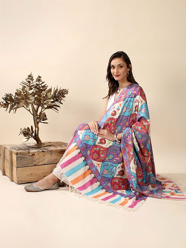Pristine-White Handloom Kani Pure Pashmina Shawl with Multicolor Mughal Floral Motif