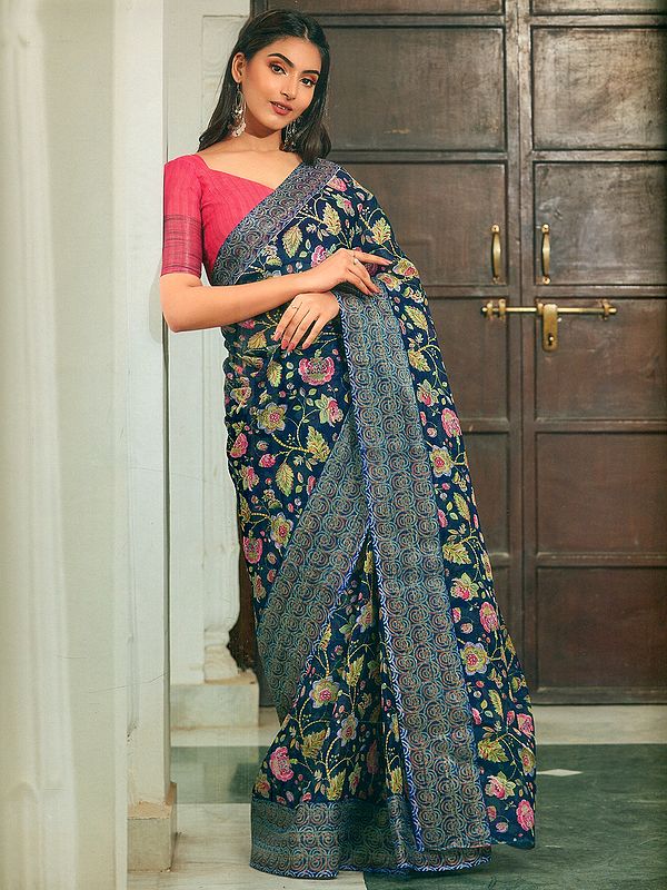 Blue Organza Saree with Digital Floral Vine Print and Swirl Woven Border