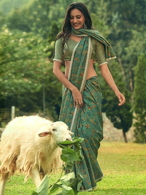 Stone-Green Manipuri Silk Floral Print Saree With Crochet Lace Border