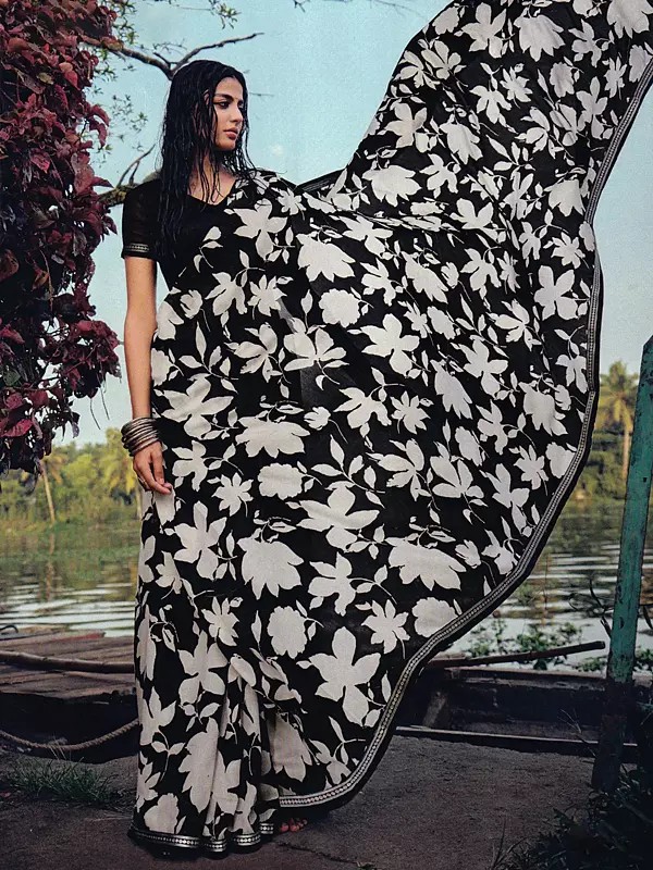 Digital Floral Vine Leaf Printed Matka Silk Saree with Silver Zari Twill Border