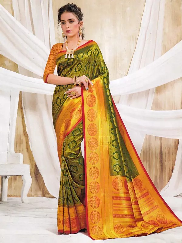 Brocaded Banarasi Silk Floral Butta Saree With Chakra Pattern Wide Border